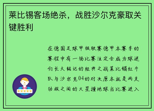 莱比锡客场绝杀，战胜沙尔克豪取关键胜利