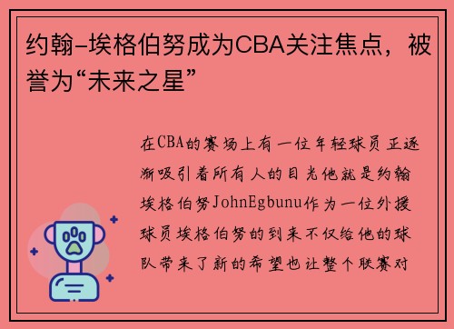 约翰-埃格伯努成为CBA关注焦点，被誉为“未来之星”