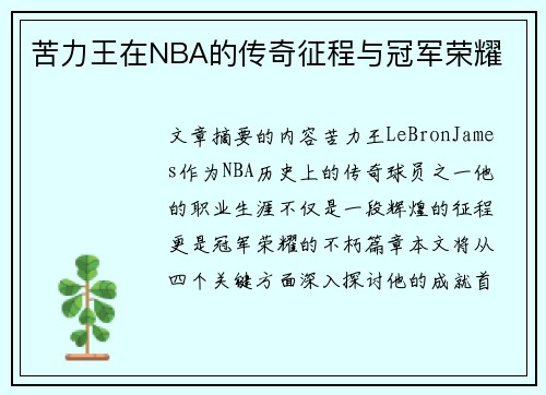 苦力王在NBA的传奇征程与冠军荣耀